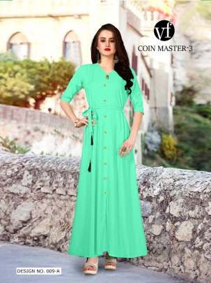Long Party Wear Turquoise Color Rayon Kurtis