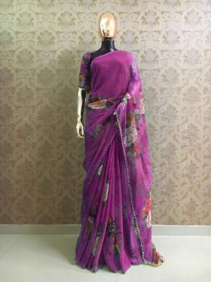 Party Wear Pure Georgette And Purple Digital Print Sarees