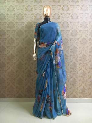 Party Wear Pure Georgette And Light Blue Digital Print Sarees