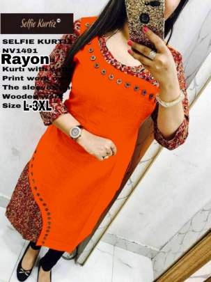 Selfie Orange Color Rayon Kurtis