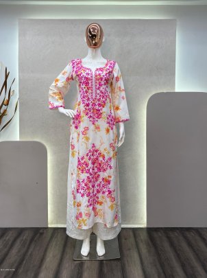 Attractive White And Pink printed rayon Kurti with cotton thread embroidered work palazzo