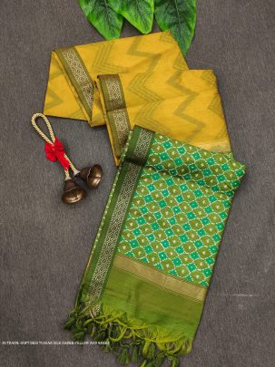 Beautiful Yellow and Green Soft Tussar Silk Sarees With ZigZag Pattern with Weaving Border
