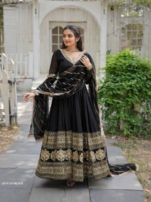 Black Embroidered Sequins Work Gown With Dupatta