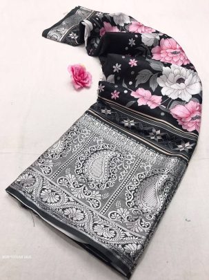 Black Printed Pure Soft Tussar Satin Silk Saree With Tassels