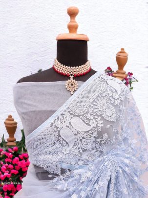 Blue Sonalika Embroidered Pure Soft Net Saree