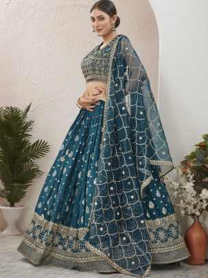 Bridal Wear Petro Blue Rama Dola Silk Embroidered  Stitched Lehenga Choli