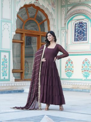 Brown Attractive Full Sleeve Designer Faux Georgette Gown
