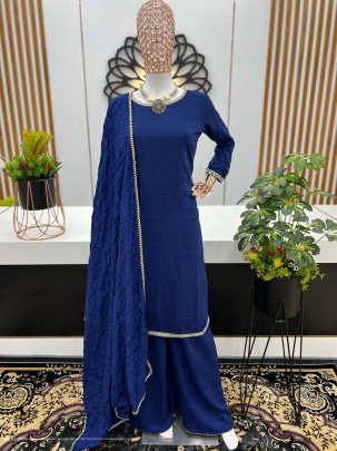 dark blue maska cotton silk with real mirror handwork lace border with full sleeve Palazzo suit 
