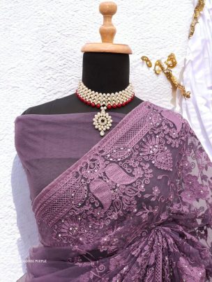 Dark Purple Sonalika Embroidered Pure Soft Net Saree