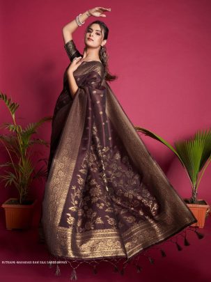 Designer Brown Zari Weaving Border Work Banarasi Silk Saree