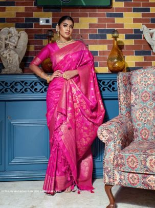 Designer Dark Pink Zari Weaving Border Work Banarasi Silk Saree