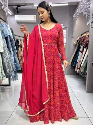 Designer Rani Bandhani Georgette Stitch Gown
