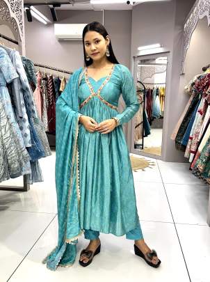 Designer Sky Blue Bandhani Chinon Alia Cut Gown