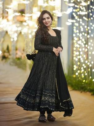 Devi vol 1 Black Faux Georgette With All over Embroidery Work Gown with Dupatta