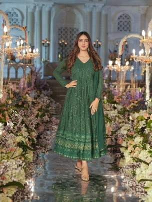 Devi vol 1 Dark Green Faux Georgette With All over Embroidery Work Gown with Dupatta