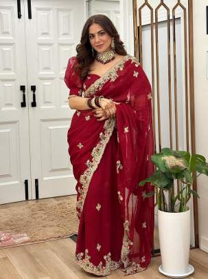 Elegant Red Georgette Multi Thread Embroidery Sequence Saree