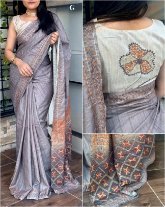 Gray Color Varshitha Digital ajrakh print saree with handmade khatha work