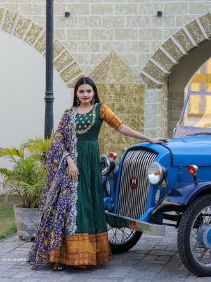 Green Embroidered Work Weaving Silk Readymade Gown