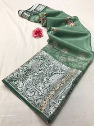  Green Printed Pure Soft Tussar Satin Silk Saree With Tassels