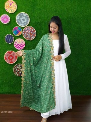 Green Readymade Georgette Butti Gown With Dupatta