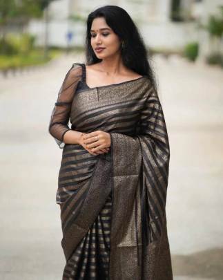 Grey Striped Pattern Banarasi Soft Silk Saree with Copper Zari Work 