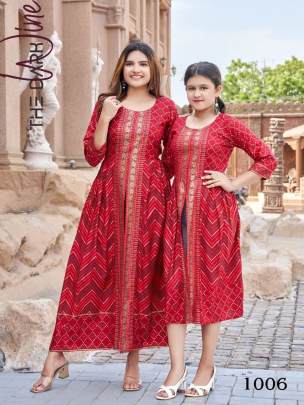 Heavy Rayon Gold Foil Print Red Mother Daughter Kurti Combo Set 