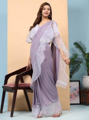 Latest Lavender Ruffle Border Ready To Wear Saree With Stitched Blouse 
