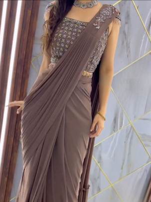 Brown Faux Georgette Ready to wear Sequence Patch Work Saree With Readymade Blouse 