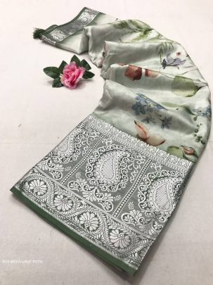 Light Pista Printed Pure Soft Tussar Satin Silk Saree With Tassels