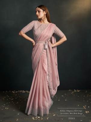 Mahotsav Moh Manthan Pink Organza Crepe Ready to Wear Saree with Stitched Blouse