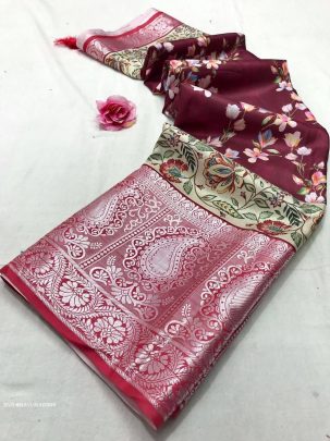 Maroon Printed Pure Soft Tussar Satin Silk Saree With Tassels