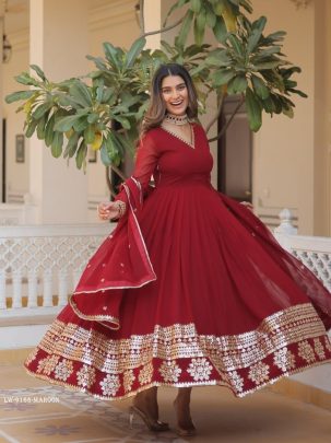Maroon Readymade Sequins Faux Blooming Gown with Dupatta