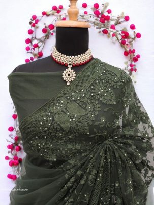 Mehendi Sonalika Embroidered Pure Soft Net Saree