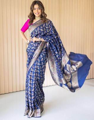New Arrival Navy Blue Banarasi Soft Silk saree With Jacquard Weaving