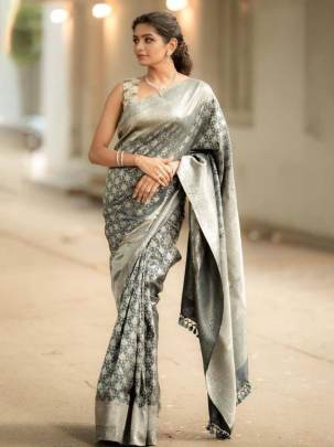 Party Wear Gray Banarasi Soft Silk Saree with Brocade Blouse