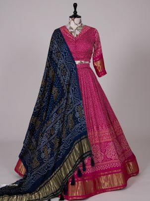 Pink Bandhej Digital Printed Pure Gaji Silk With Navy Blue Dupatta