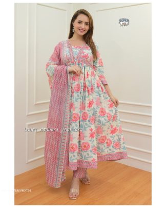 Pink Floral Anarkali Suit Set with matching Pants and dupatta