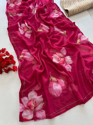 Pink Flower Printed And Handwork Soft Georgette Saree With Silk Blouse