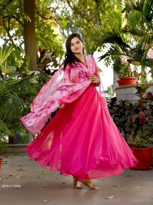 Pink Plain Readymade Tebby Silk Gown With Printed Dupatta