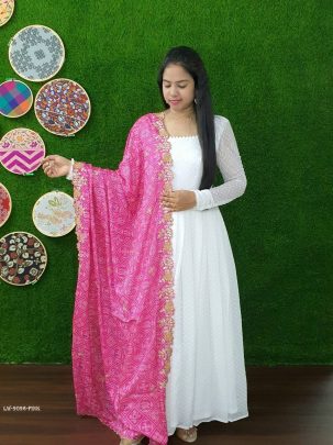 Pink Readymade Georgette Butti Gown With Dupatta