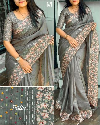 Pragya Dark Gray Tusser cotton sarees with designer katha work 