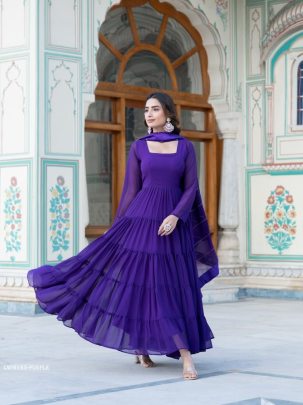 Purple Attractive Full Sleeve Designer Faux Georgette Gown