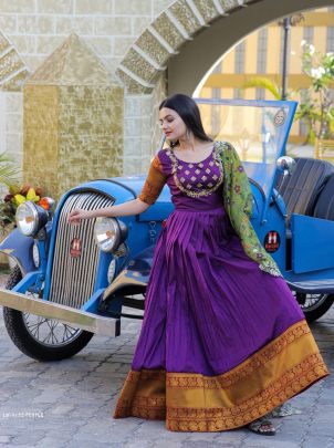 Purple Embroidered Work Weaving Silk Readymade Gown