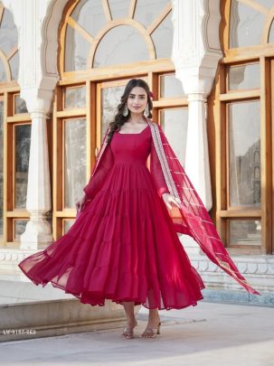 Red Attractive Full Sleeve Designer Faux Georgette Gown