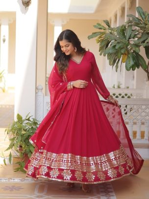 Red Readymade Sequins Faux Blooming Gown with Dupatta