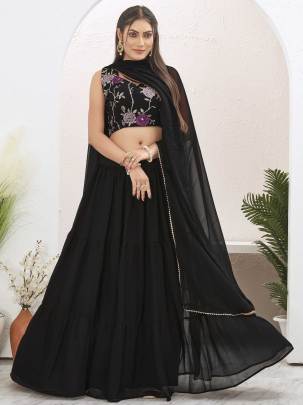 Stunning Plain Georgette Black Lehenga with Embroidered Stitched Blouse