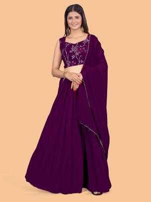 Stunning Plain Georgette Wine Lehenga with Embroidered Stitched Blouse