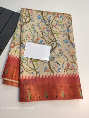 Stylish Orange color tussar silk saree with digital printed work