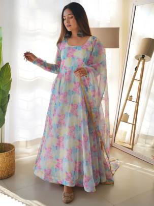 Stylish Organza Taby Silk Digital Print Gown with Bottom and Dupatta Set 