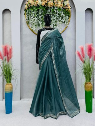 Trending Green Color Jimmy Choo Saree with Embroidery Sequence Work